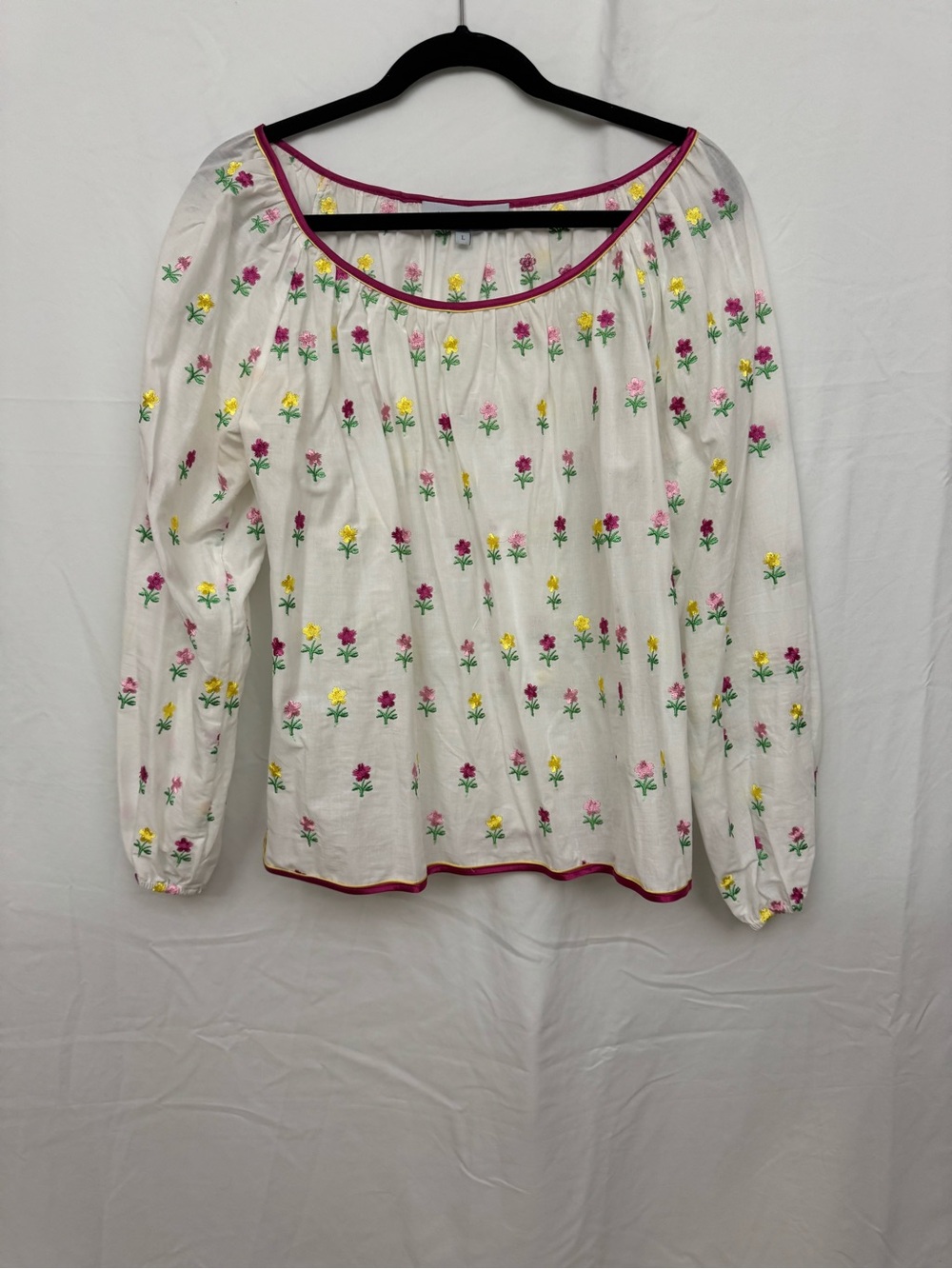 Tuckernuck White Floral Peasant Blouse with Pink Trim